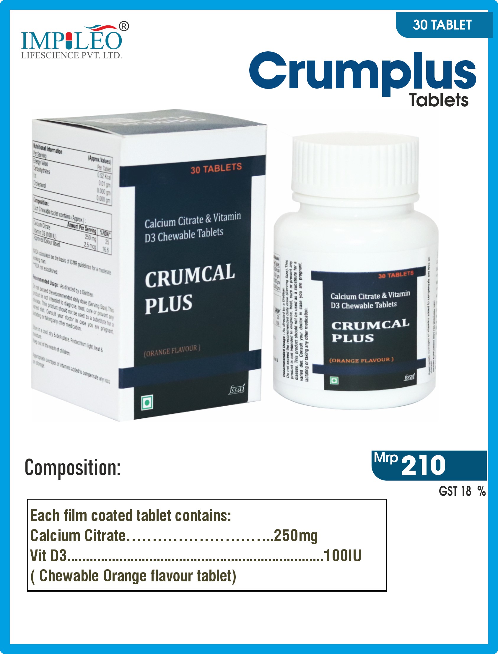 Get Stronger Bones with CRUMCAL PLUS (Calcium Citrate & Vit D3) Tablets Offered by Trusted PCD Pharma Franchise in Panchkula